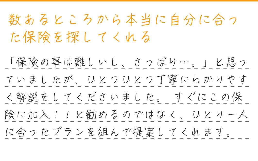 数あるところから本当に自分に合った保険を探してくれる。「保険の事は難しいし、さっぱり…。」と思っていましたが、ひとつひとつ丁寧にわかりやすく解説をしてくださいました。 すぐにこの保険に加入！！と勧めるのではなく、ひとり一人に合ったプランを組んで提案してくれます。